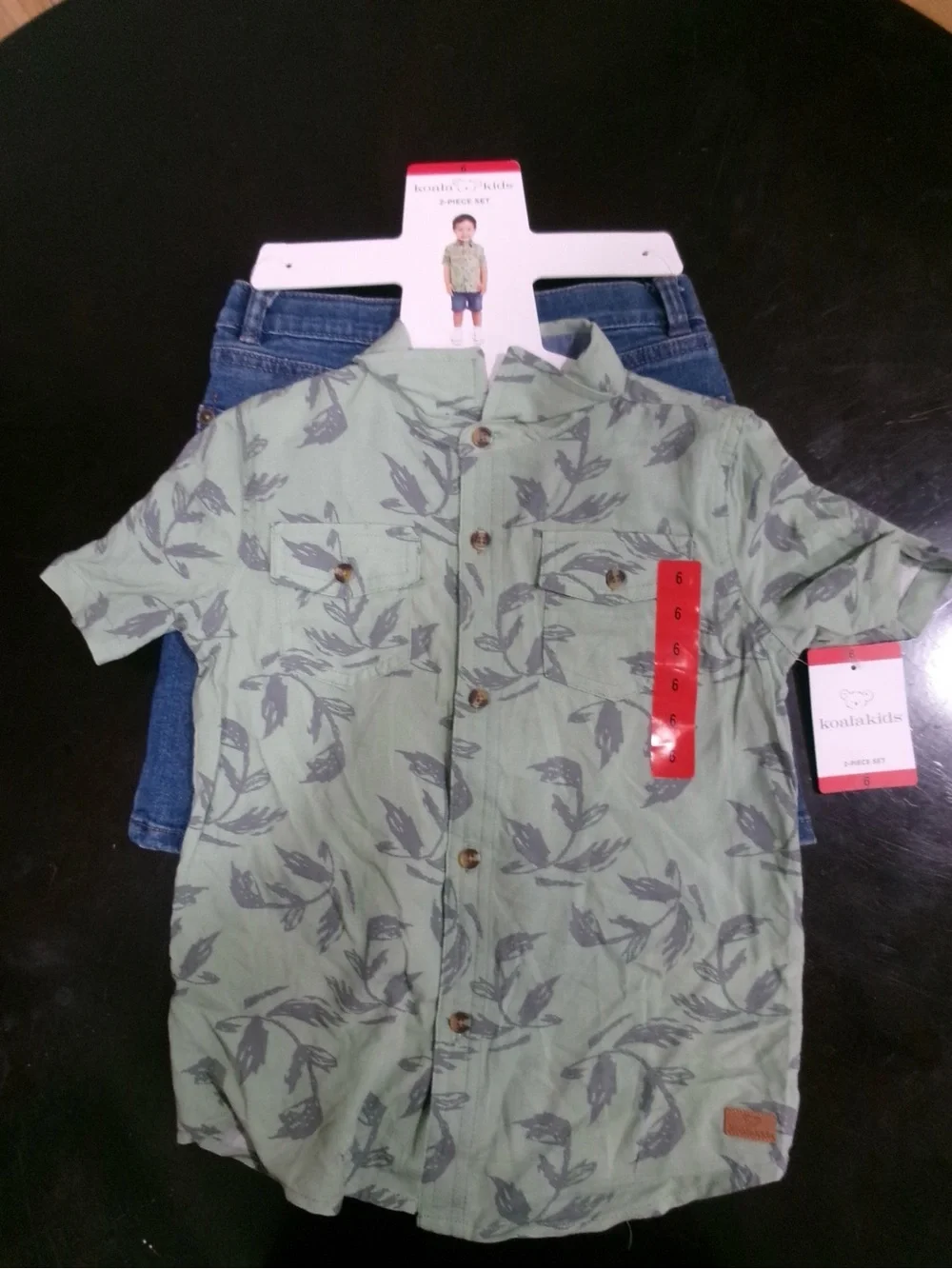 Koala Kids Green Leaf Print Button-Up Shirt with Blue Denim Shorts